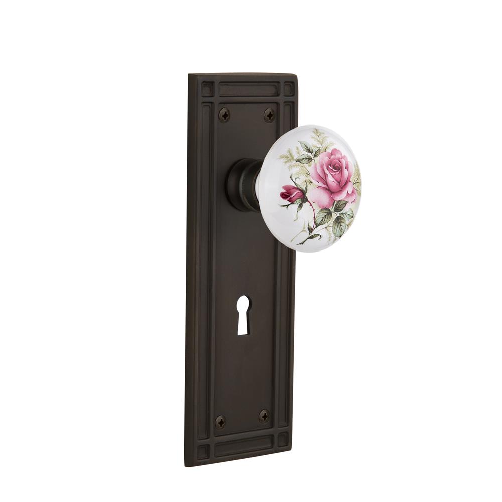 Nostalgic Warehouse MEAROS Passage Knob Meadows Plate with Rose Porcelain Knob with Keyhole in Oil Rubbed Bronze